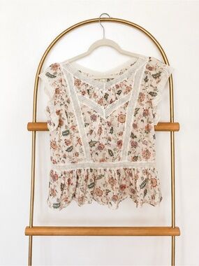 La Vie Rebecca Taylor Cream Floral Lace-Trim Blouse